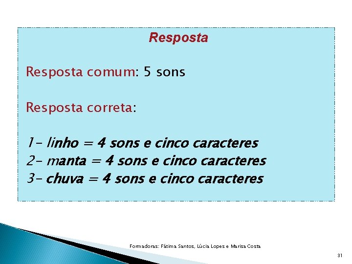 Resposta comum: 5 sons Resposta correta: 1 - linho = 4 sons e cinco