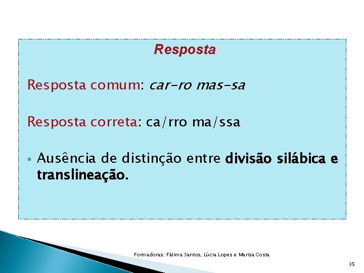 Resposta comum: car-ro mas-sa Resposta correta: ca/rro ma/ssa § Ausência de distinção entre divisão
