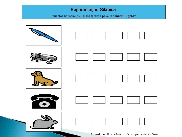 Segmentação Silábica. Quantos bocadinhos (sílabas) tem a palavra caneta? E gato? Formadoras: Fátima Santos,