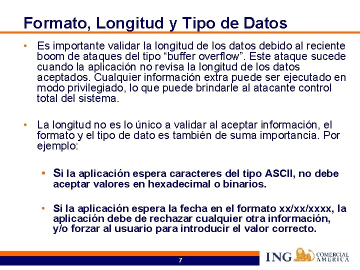 Formato, Longitud y Tipo de Datos • Es importante validar la longitud de los