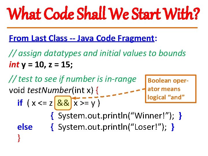 What Code Shall We Start With? From Last Class -- Java Code Fragment: //