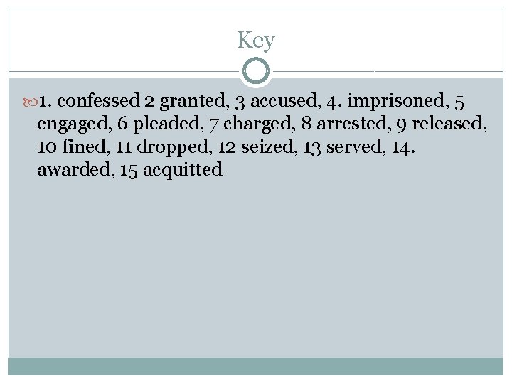 Key 1. confessed 2 granted, 3 accused, 4. imprisoned, 5 engaged, 6 pleaded, 7