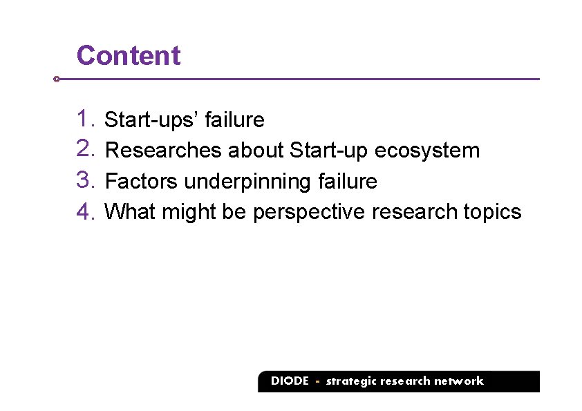 Content 1. 2. 3. 4. Start-ups’ failure Researches about Start-up ecosystem Factors underpinning failure