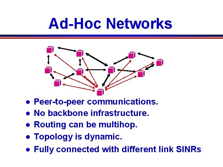 Ad-Hoc Networks l l l Peer-to-peer communications. No backbone infrastructure. Routing can be multihop. Ad-Hoc Networks l l l Peer-to-peer communications. No backbone infrastructure. Routing can be multihop.