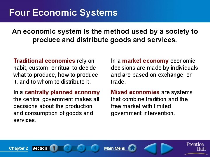 Four Economic Systems An economic system is the method used by a society to