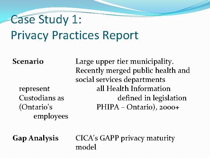 Case Study 1: Privacy Practices Report Scenario represent Custodians as (Ontario’s employees Gap Analysis