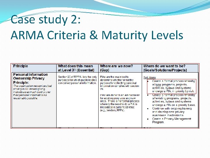 Case study 2: ARMA Criteria & Maturity Levels 