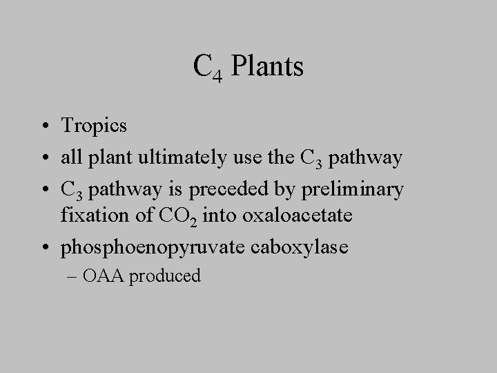 C 4 Plants • Tropics • all plant ultimately use the C 3 pathway