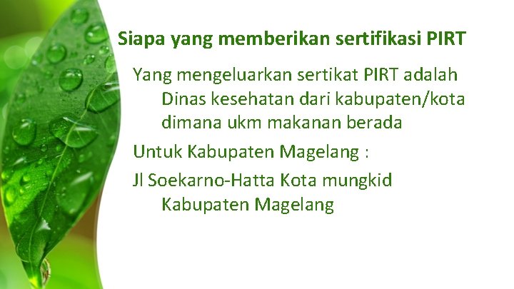 Siapa yang memberikan sertifikasi PIRT Yang mengeluarkan sertikat PIRT adalah Dinas kesehatan dari kabupaten/kota