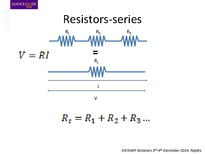 Resistors-series R 1 R 2 R 3 = Rt i V DICMAPI Seminars 3