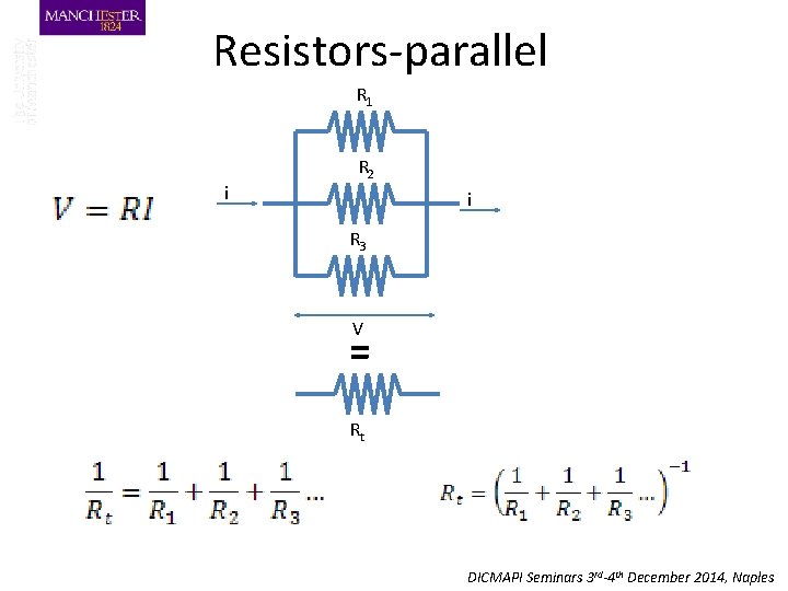 Resistors-parallel R 1 i R 2 i R 3 V = Rt DICMAPI Seminars