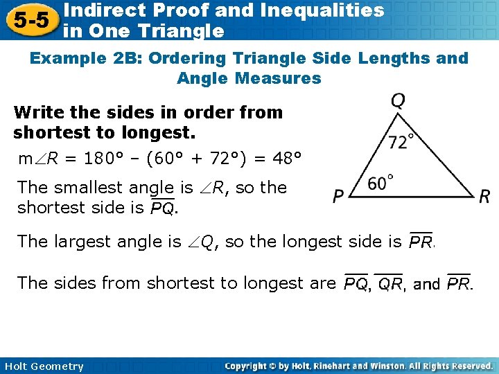 Indirect Proof and Inequalities 5 -5 in One Triangle Example 2 B: Ordering Triangle