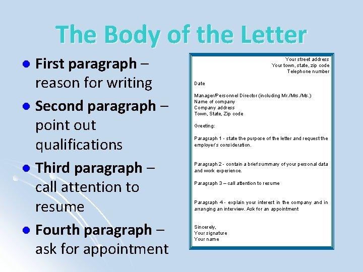 The Body of the Letter First paragraph – reason for writing l Second paragraph