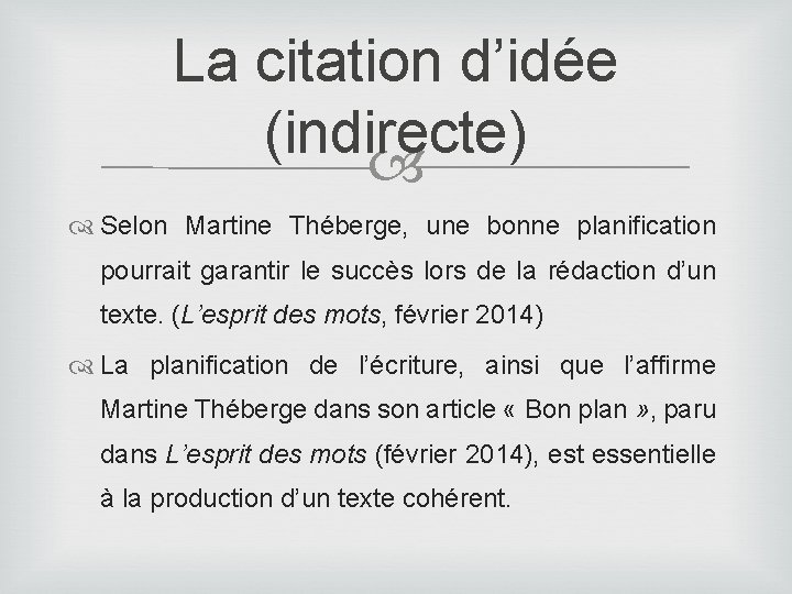 La citation d’idée (indirecte) Selon Martine Théberge, une bonne planification pourrait garantir le succès La citation d’idée (indirecte) Selon Martine Théberge, une bonne planification pourrait garantir le succès