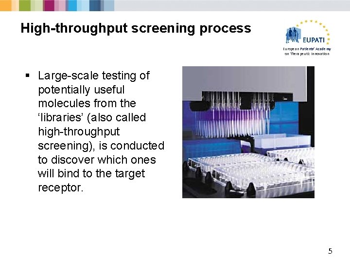 High-throughput screening process European Patients’ Academy on Therapeutic Innovation § Large-scale testing of potentially