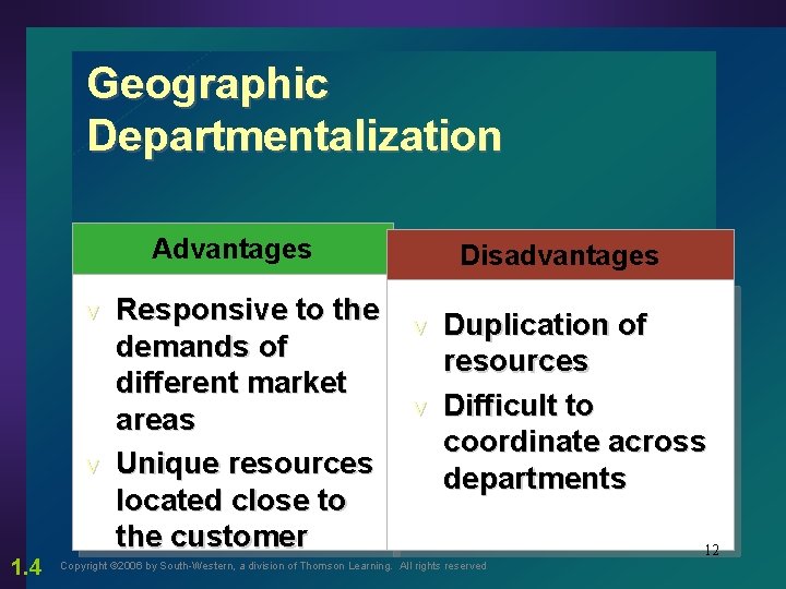 Geographic Departmentalization Advantages Responsive to the demands of different market areas v Unique resources