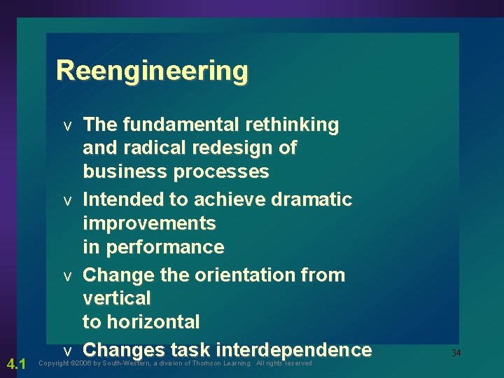 Reengineering The fundamental rethinking and radical redesign of business processes v Intended to achieve