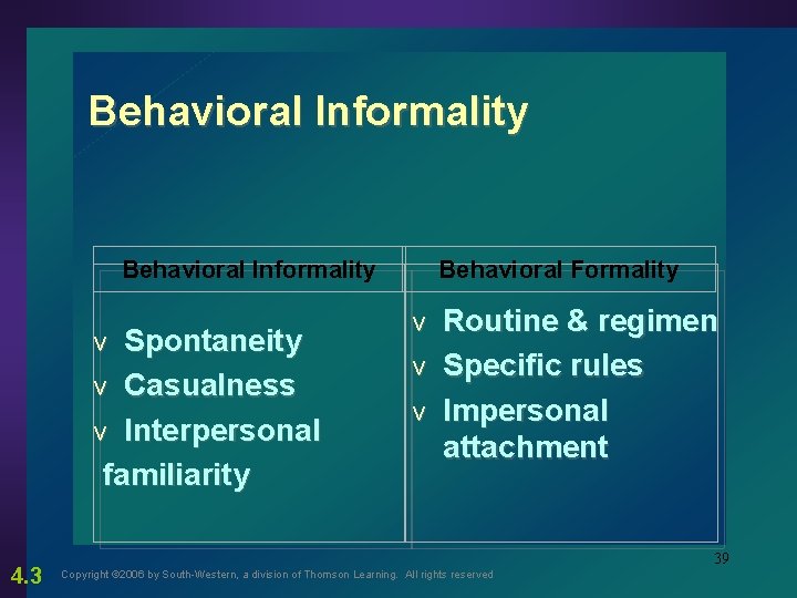 Behavioral Informality Spontaneity v Casualness v Interpersonal familiarity v 4. 3 Behavioral Formality v