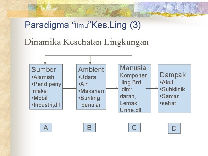 Paradigma “Ilmu”Kes. Ling (3) Dinamika Kesehatan Lingkungan Sumber Ambient • Alamiah • Pend. peny