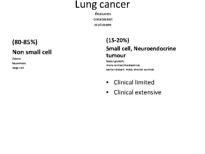 Lung cancer -features -treatment -outcome (80 -85%) Non small cell Adeno Squamous large cell