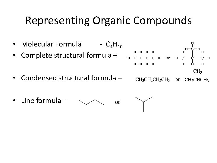 Representing Organic Compounds • Molecular Formula - C 4 H 10 • Complete structural