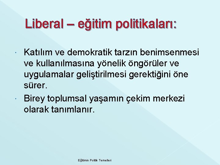 Liberal – eğitim politikaları: Katılım ve demokratik tarzın benimsenmesi ve kullanılmasına yönelik öngörüler ve