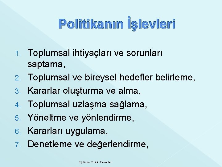 Politikanın İşlevleri 1. 2. 3. 4. 5. 6. 7. Toplumsal ihtiyaçları ve sorunları saptama,