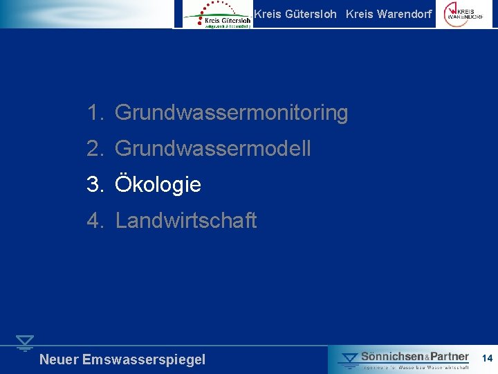 Kreis Gütersloh Kreis Warendorf 1. Grundwassermonitoring 2. Grundwassermodell 3. Ökologie 4. Landwirtschaft Neuer Emswasserspiegel