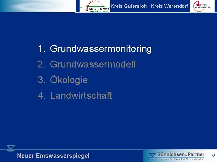 Kreis Gütersloh Kreis Warendorf 1. Grundwassermonitoring 2. Grundwassermodell 3. Ökologie 4. Landwirtschaft Neuer Emswasserspiegel