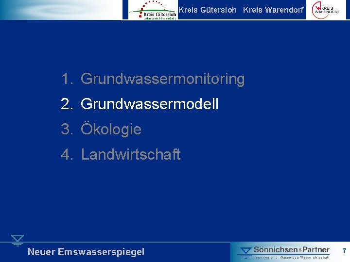 Kreis Gütersloh Kreis Warendorf 1. Grundwassermonitoring 2. Grundwassermodell 3. Ökologie 4. Landwirtschaft Neuer Emswasserspiegel