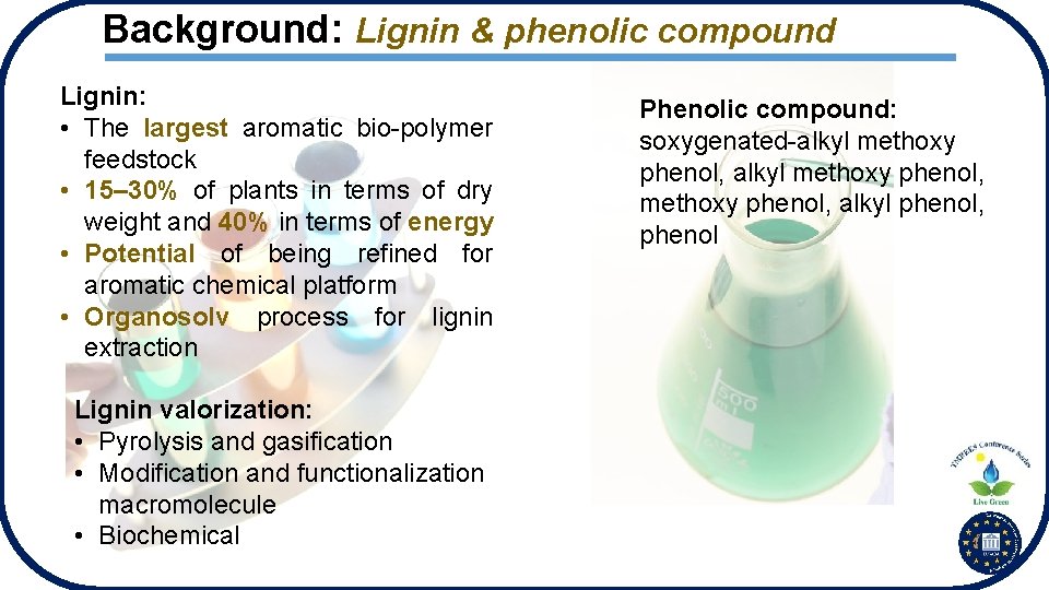 Background: Lignin & phenolic compound Lignin: • The largest aromatic bio-polymer feedstock • 15–