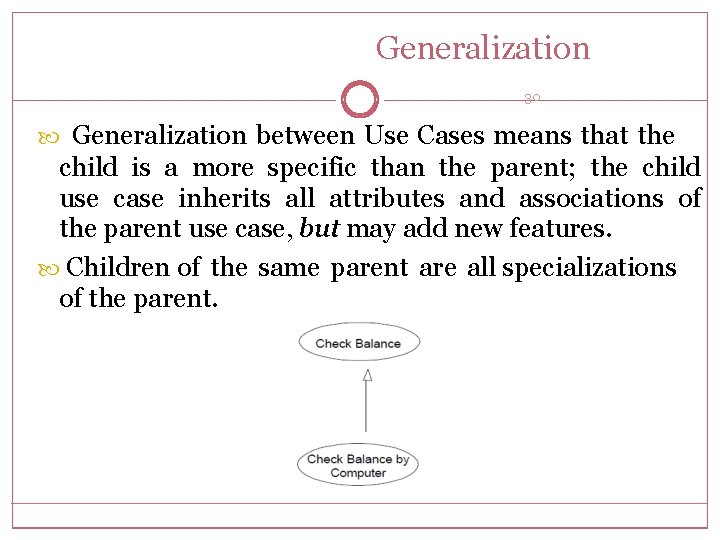 Generalization 30 Generalization between Use Cases means that the child is a more specific