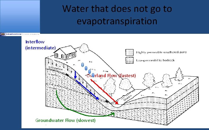 Water that does not go to evapotranspiration Interflow (intermediate) Overland Flow (fastest) Groundwater Flow