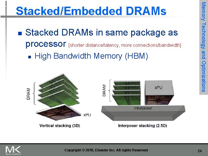 n Stacked DRAMs in same package as processor [shorter distance/latency, more connections/bandwidth] n High