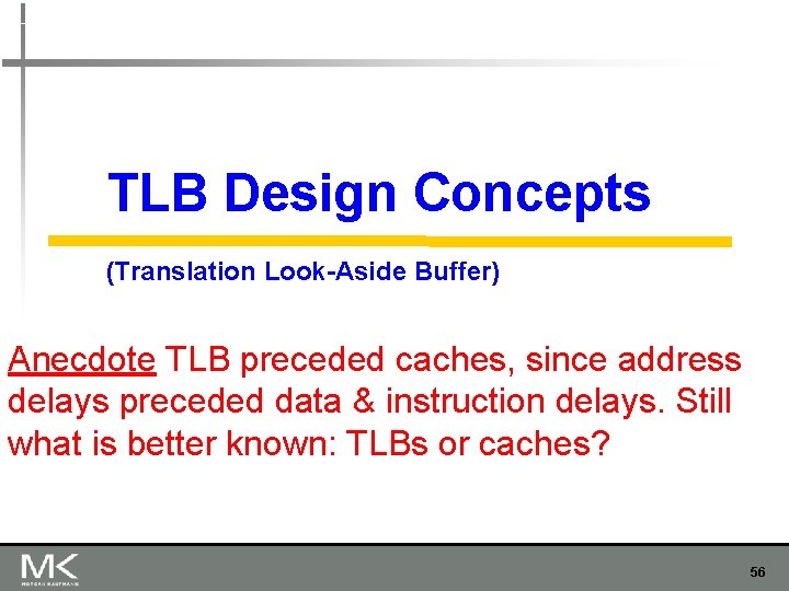 TLB Design Concepts (Translation Look-Aside Buffer) Anecdote TLB preceded caches, since address delays preceded