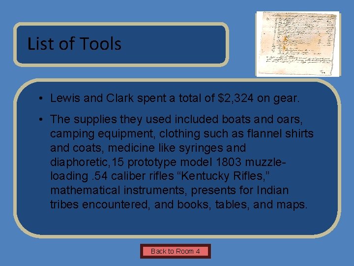 Name of Museum List of Tools Insert Artifact Picture Here • Lewis and Clark