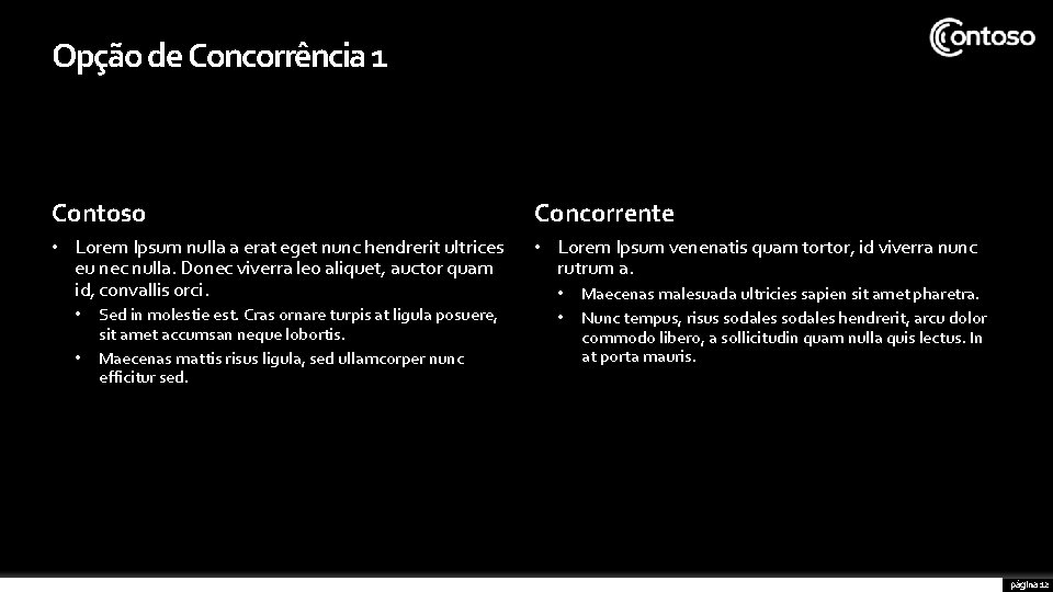 Opção de Concorrência 1 Contoso Concorrente • Lorem Ipsum nulla a erat eget nunc Opção de Concorrência 1 Contoso Concorrente • Lorem Ipsum nulla a erat eget nunc