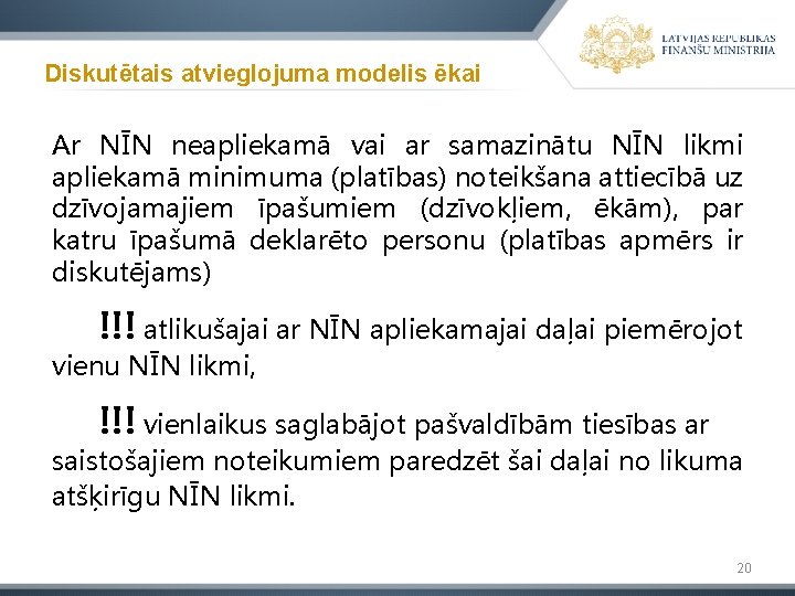 Diskutētais atvieglojuma modelis ēkai Ar NĪN neapliekamā vai ar samazinātu NĪN likmi apliekamā minimuma