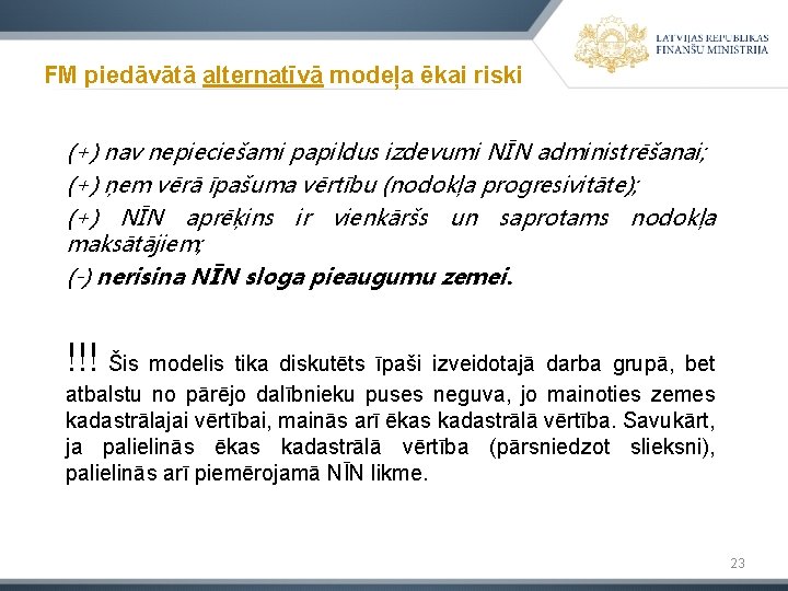 FM piedāvātā alternatīvā modeļa ēkai riski (+) nav nepieciešami papildus izdevumi NĪN administrēšanai; (+)