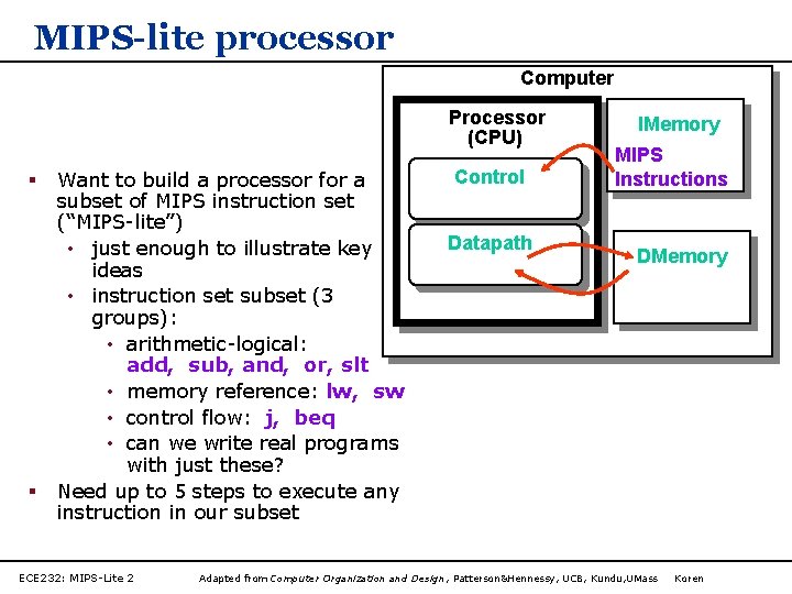 MIPS-lite processor Computer Processor (CPU) § § Want to build a processor for a