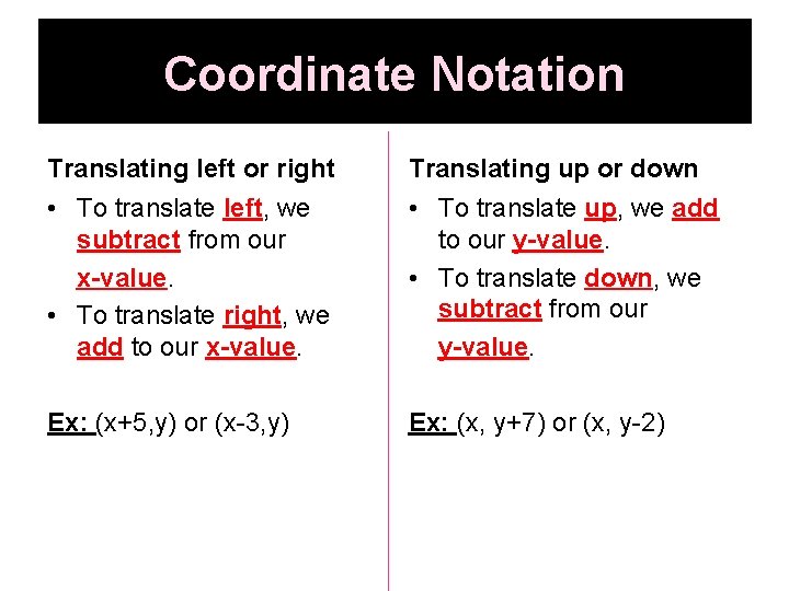 Coordinate Notation Translating left or right Translating up or down • To translate left,