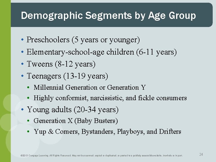 Demographic Segments by Age Group • • Preschoolers (5 years or younger) Elementary-school-age children