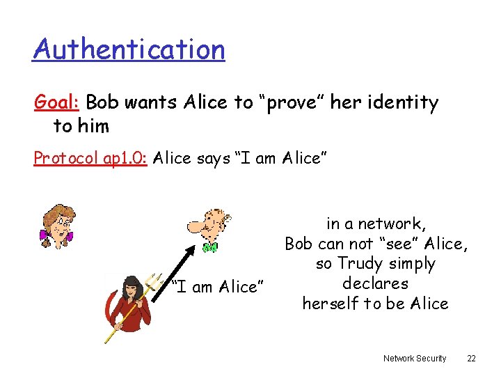 Authentication Goal: Bob wants Alice to “prove” her identity to him Protocol ap 1.