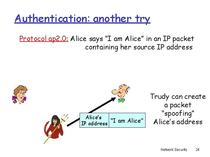 Authentication: another try Protocol ap 2. 0: Alice says “I am Alice” in an