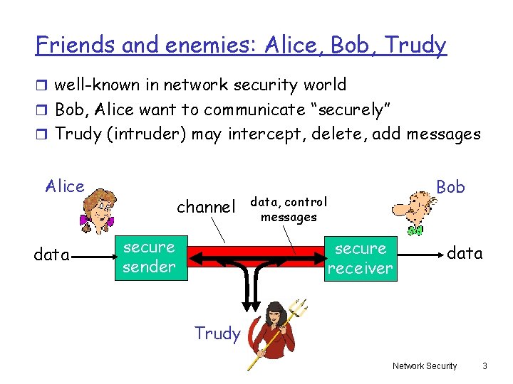 Friends and enemies: Alice, Bob, Trudy r well-known in network security world r Bob,