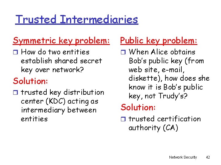 Trusted Intermediaries Symmetric key problem: Public key problem: r How do two entities r