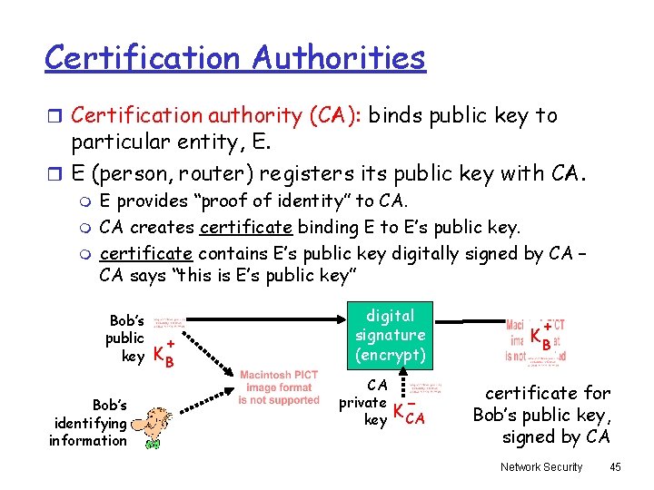 Certification Authorities r Certification authority (CA): binds public key to particular entity, E. r