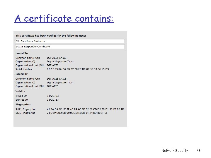 A certificate contains: Network Security 48 