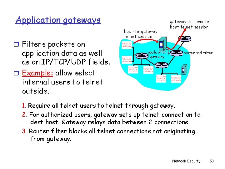 Application gateways r Filters packets on application data as well as on IP/TCP/UDP fields.