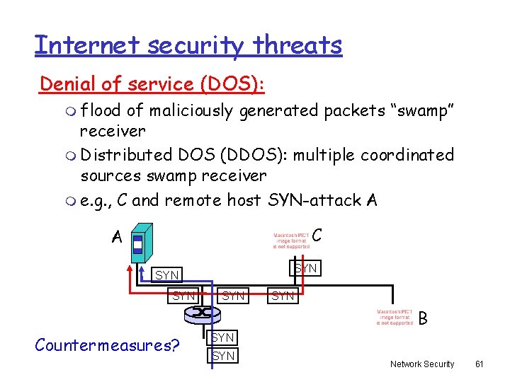 Internet security threats Denial of service (DOS): m flood of maliciously generated packets “swamp”